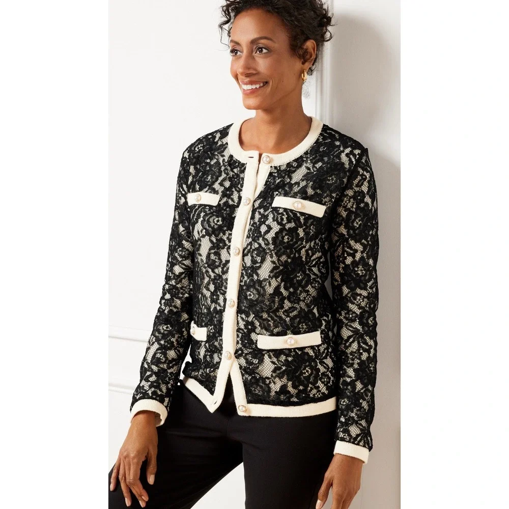 NWT‎ Talbots Black Lace Overlay Ivory Knit Pearl Button Cardigan Old Money Lux S